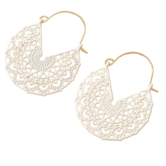 White Hoop Earrings Floral White Basket Hoops Cut out Dangle Earrings Scroll NWT - Picture 3 of 13